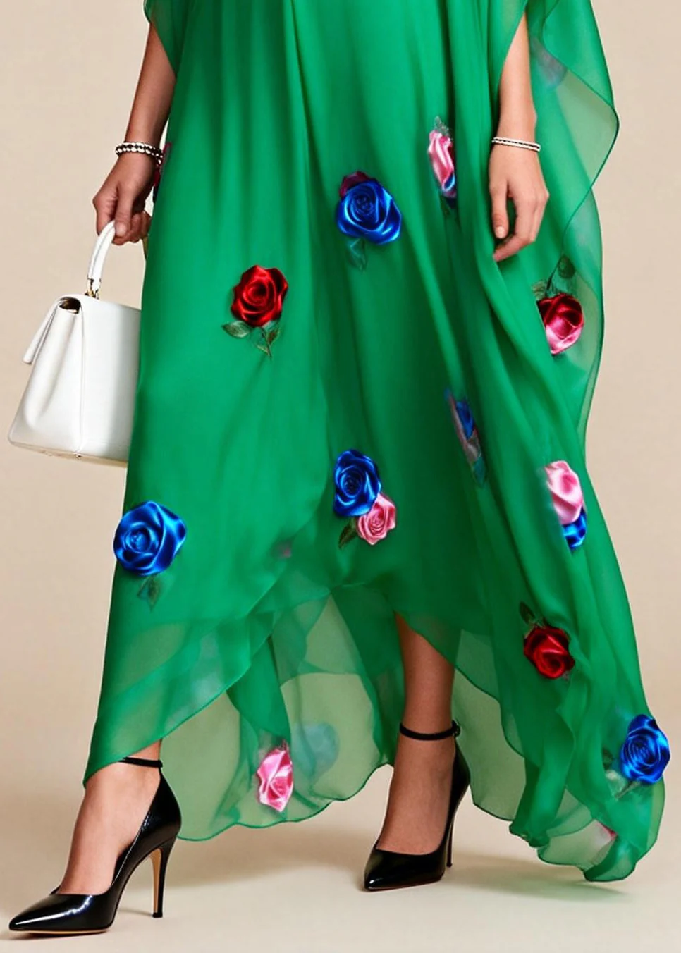 Fitted Tea Green Oversized Floral Chiffon Maxi Dress Summer - Image 4