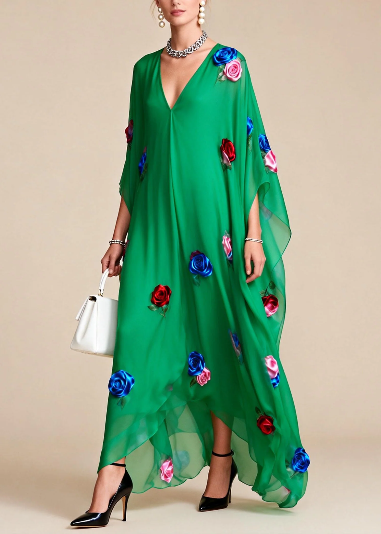 Fitted Tea Green Oversized Floral Chiffon Maxi Dress Summer - Image 5