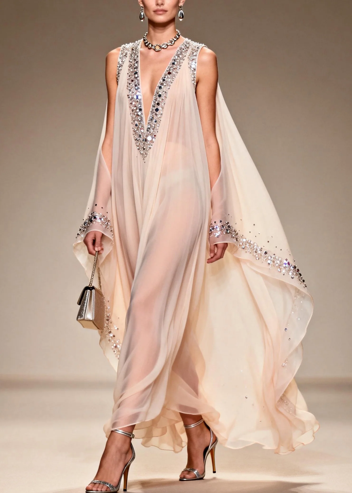 Fitted V Neck Cold Shoulder Zircon Chiffon Dress Summer