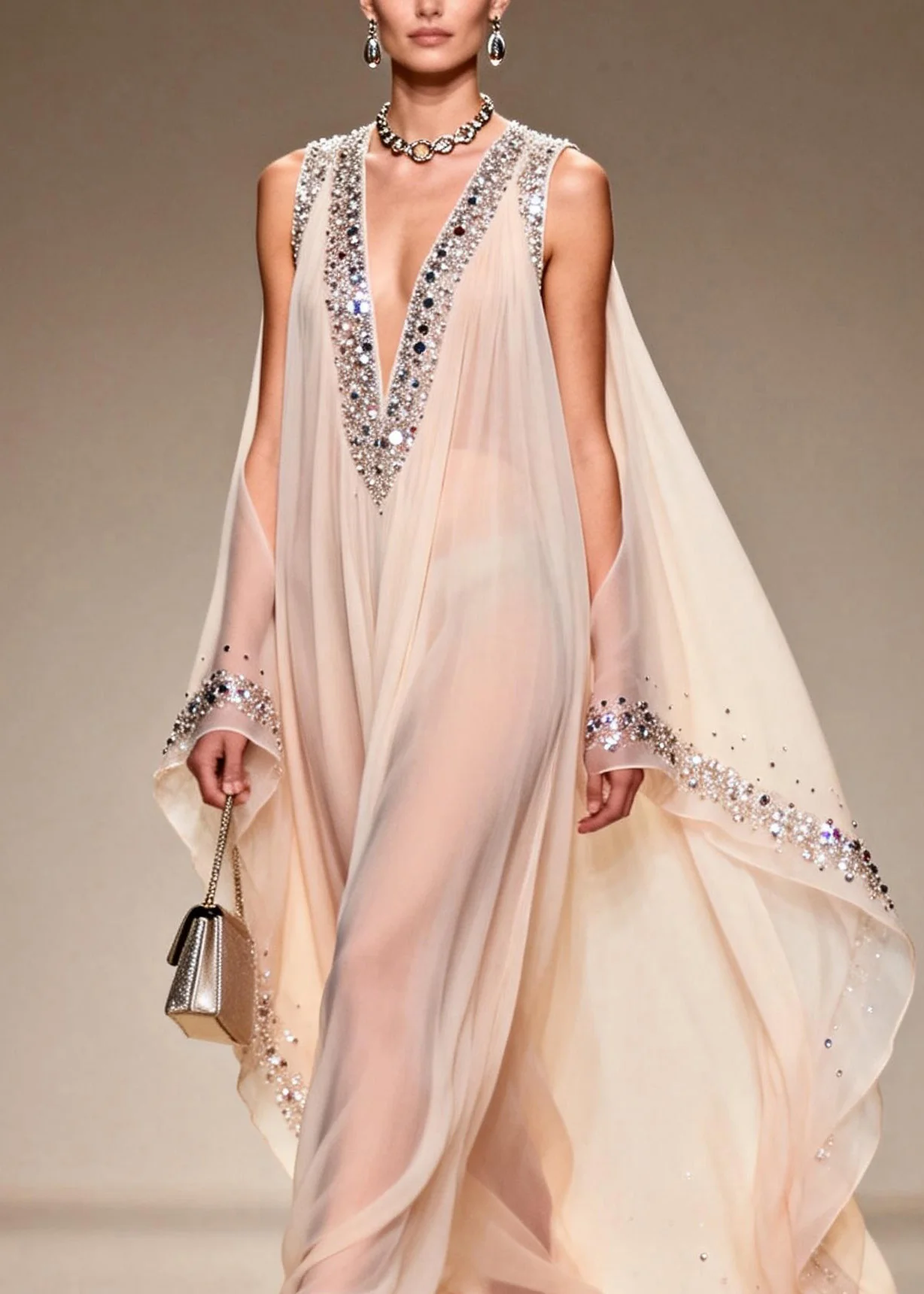 Fitted V Neck Cold Shoulder Zircon Chiffon Dress Summer - Image 2