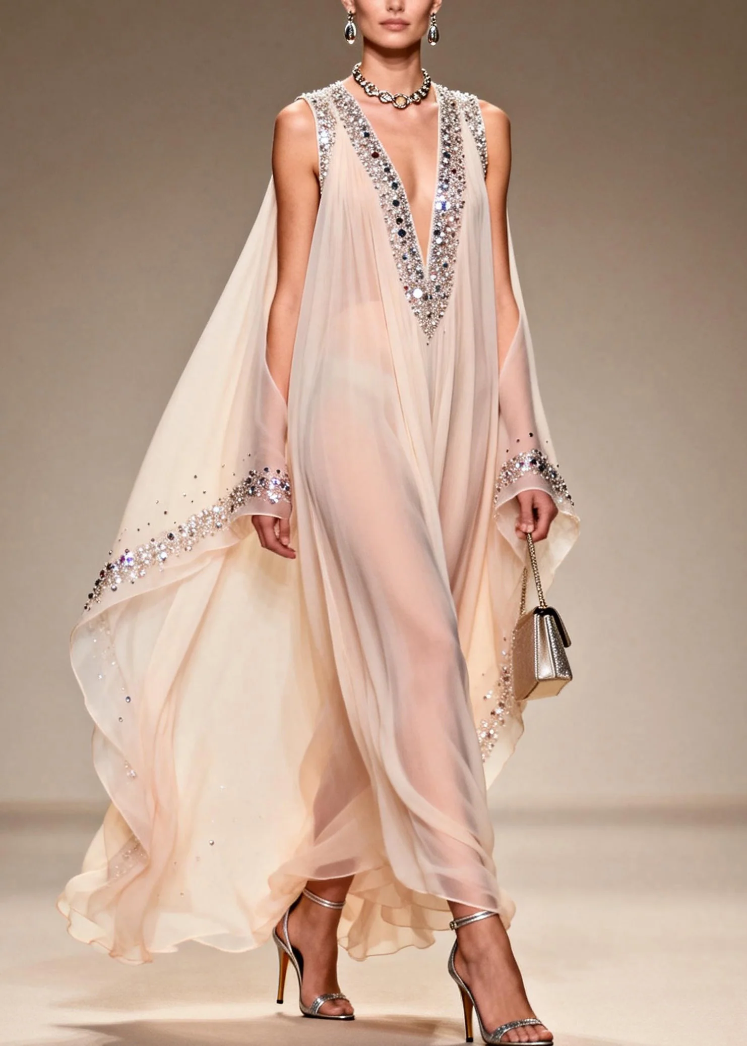 Fitted V Neck Cold Shoulder Zircon Chiffon Dress Summer - Image 3