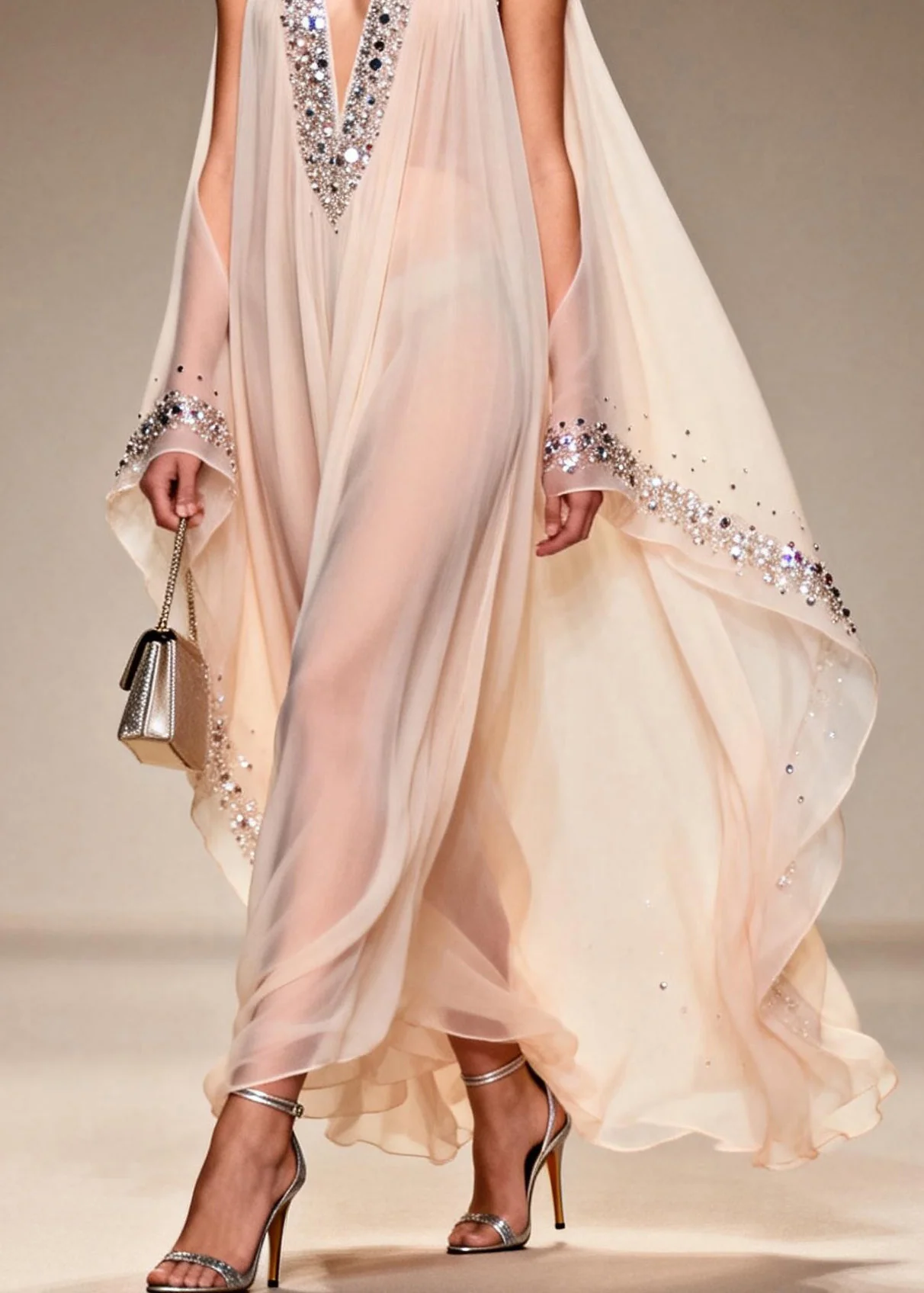 Fitted V Neck Cold Shoulder Zircon Chiffon Dress Summer - Image 4