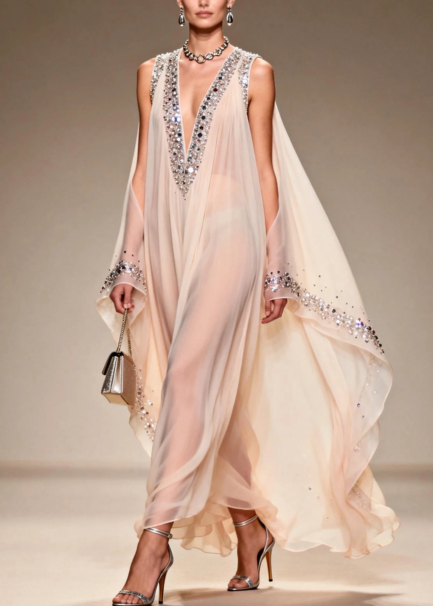 Fitted V Neck Cold Shoulder Zircon Chiffon Dress Summer - Image 5