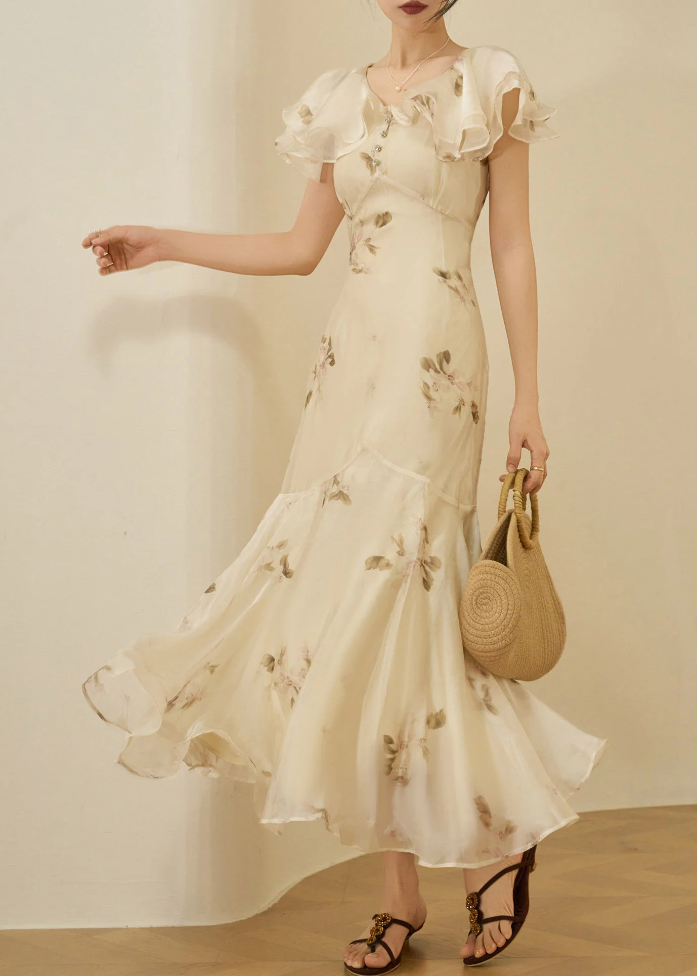 Fitted V Neck Patchwork Chiffon Long Fish-Tail Dresses Flare Sleeve - Image 2