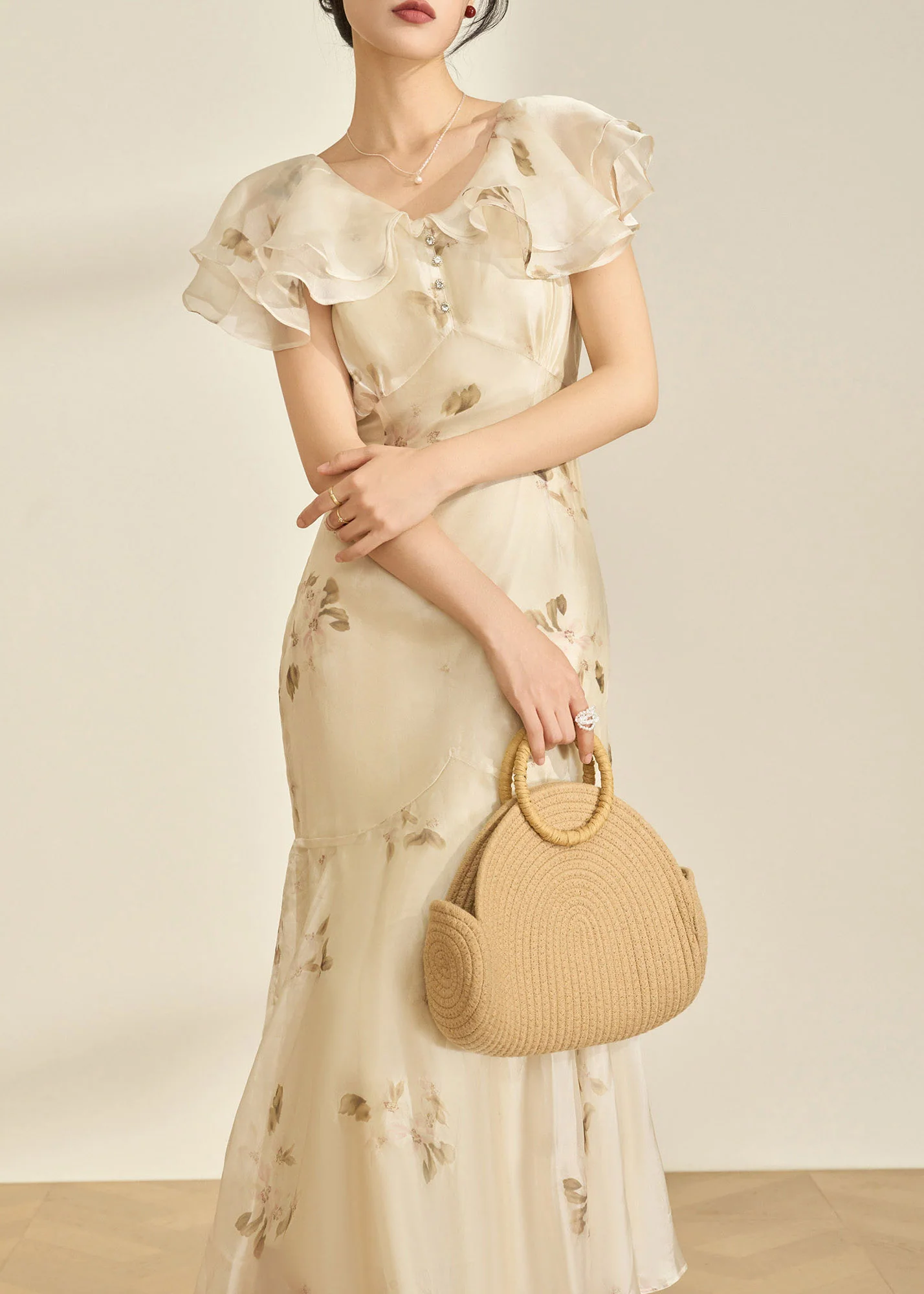 Fitted V Neck Patchwork Chiffon Long Fish-Tail Dresses Flare Sleeve - Image 4