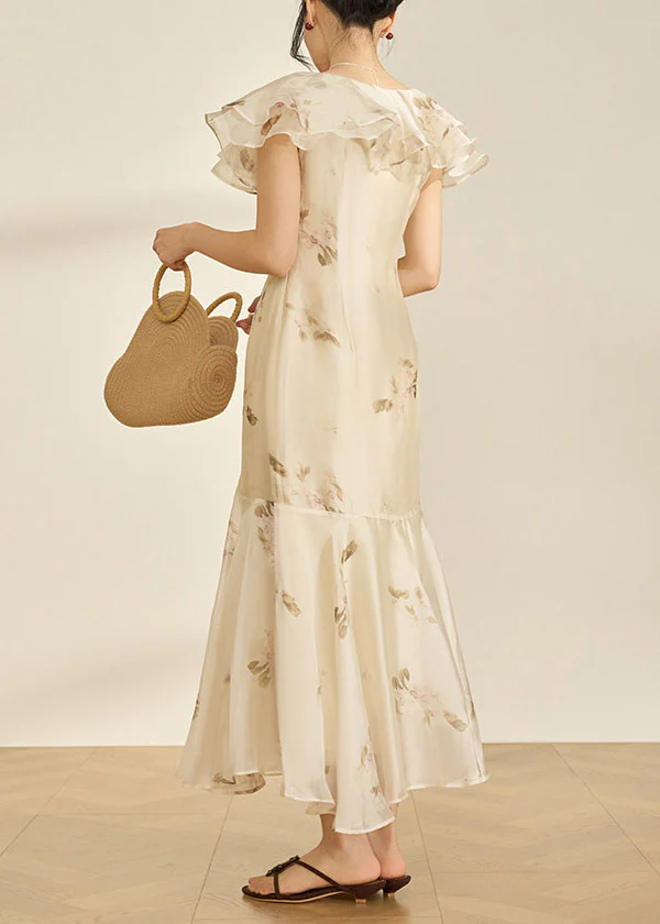 Fitted V Neck Patchwork Chiffon Long Fish-Tail Dresses Flare Sleeve - Image 5