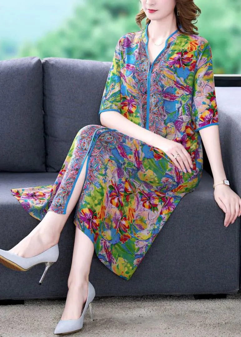 Fitted V Neck Print Silk Long Dress Short Sleeve - Image 3