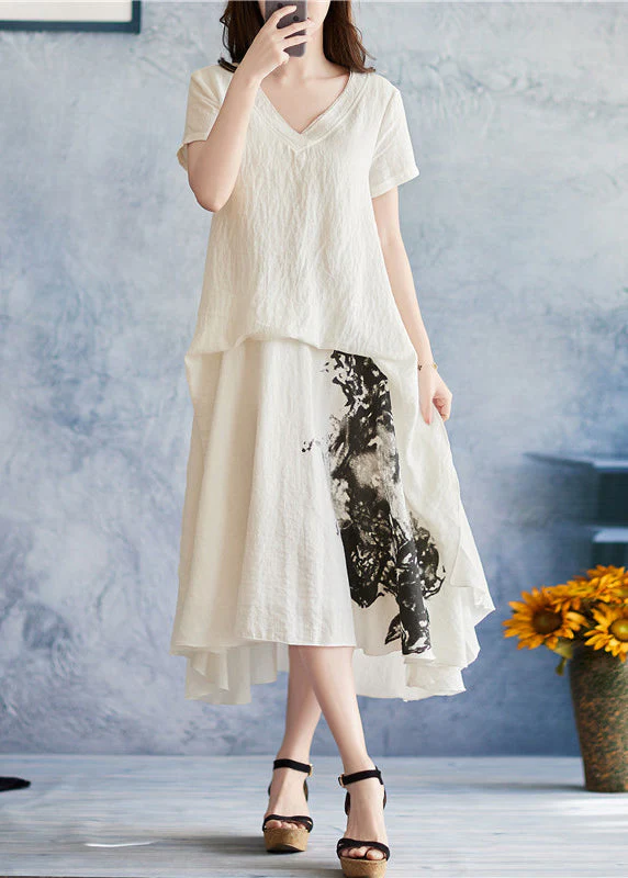 Fitted White asymmetrical design V Neck Print Holiday Dress Short Sleeve - Image 2