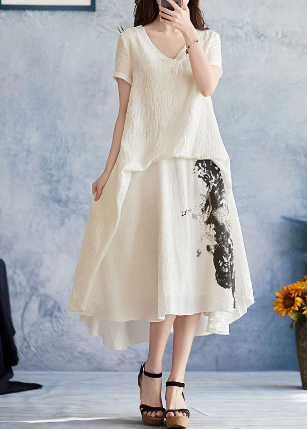 Fitted White asymmetrical design V Neck Print Holiday Dress Short Sleeve - Image 3