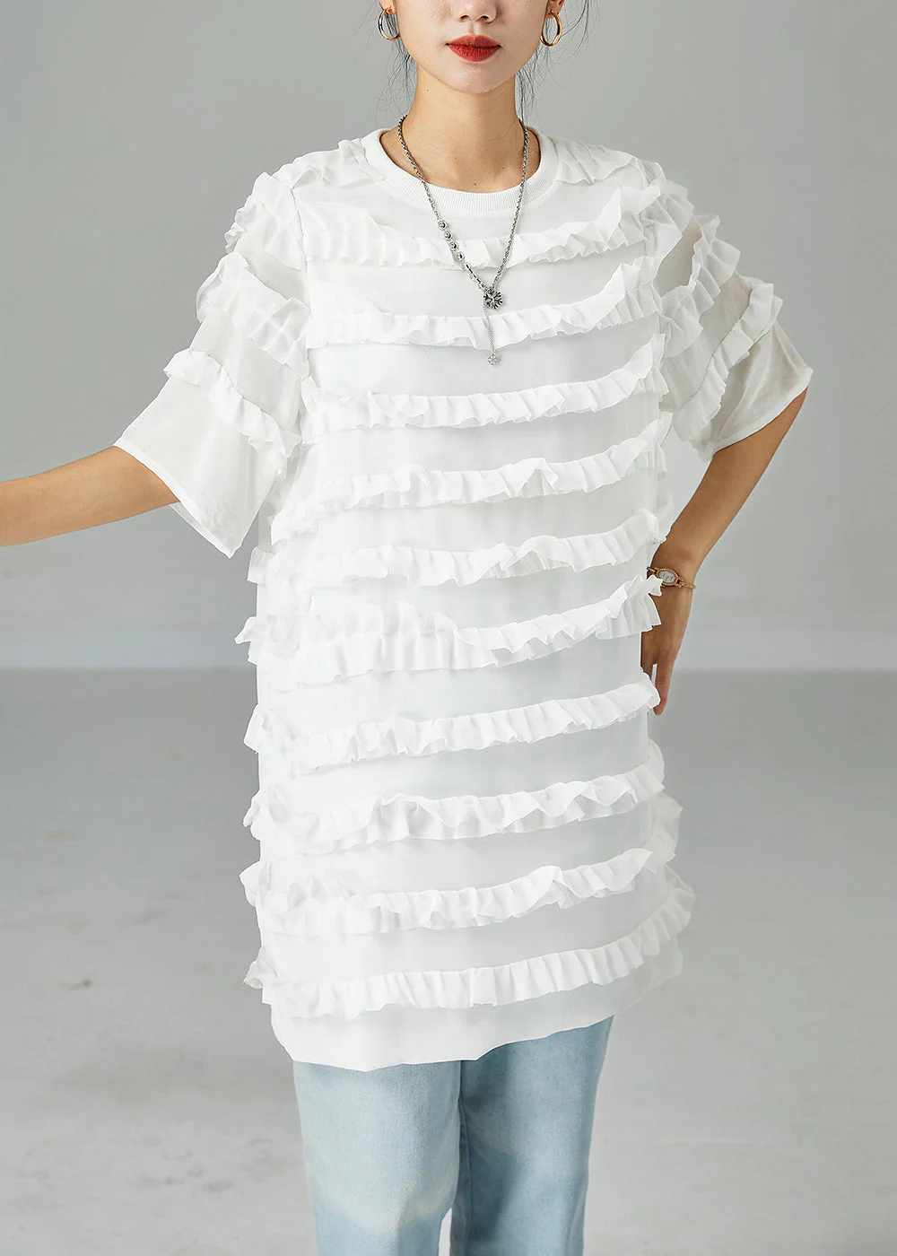 Fitted White O-Neck Patchwork Ruffled Chiffon Dress Summer - Image 2