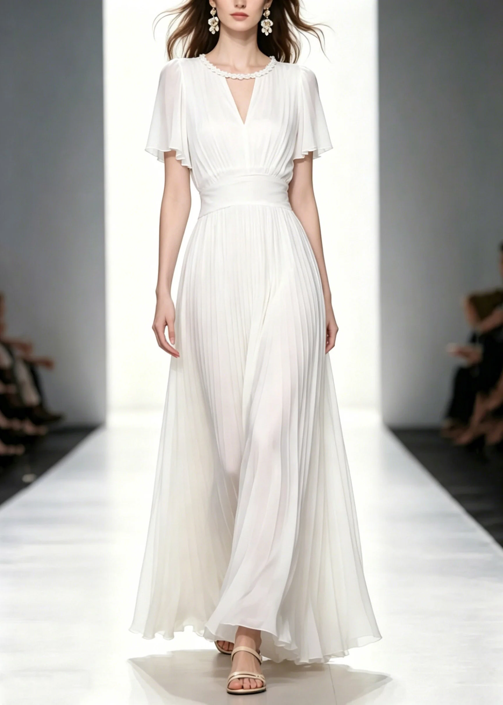 Fitted White O-Neck Wrinkled Tunic Solid Chiffon Long Dresses Summer - Image 3