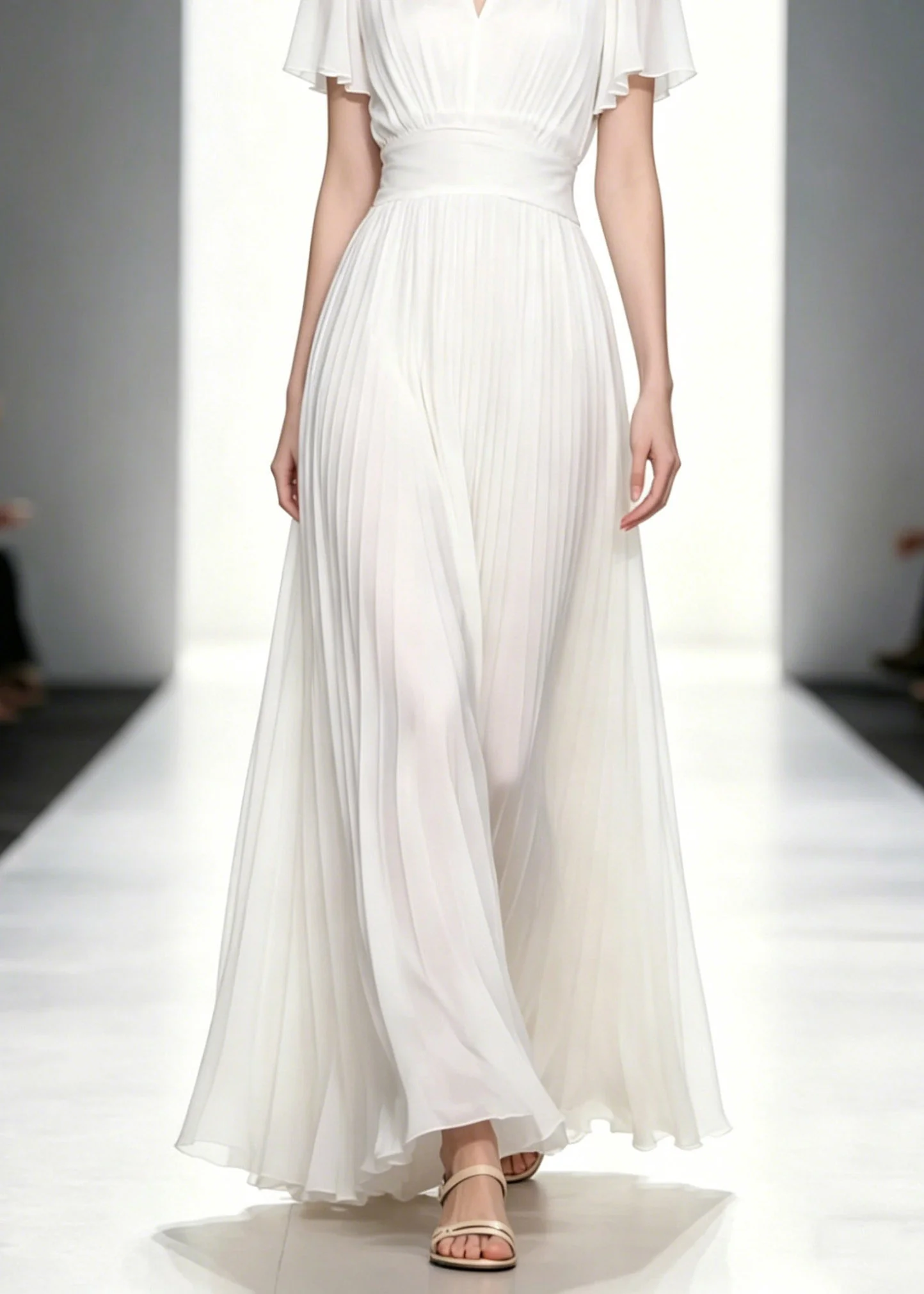 Fitted White O-Neck Wrinkled Tunic Solid Chiffon Long Dresses Summer - Image 4