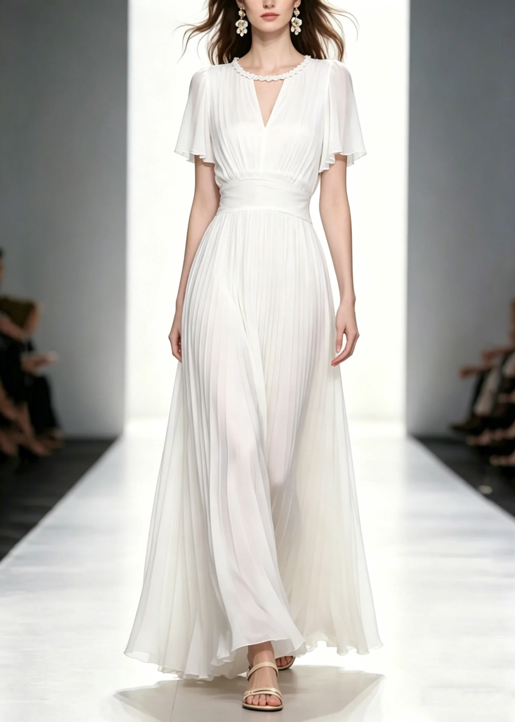 Fitted White O-Neck Wrinkled Tunic Solid Chiffon Long Dresses Summer - Image 5