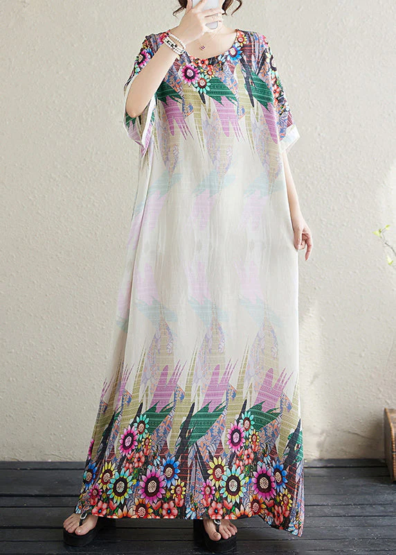 Fitted White Oversized Print Cotton Sundress Batwing Sleeve - Image 2