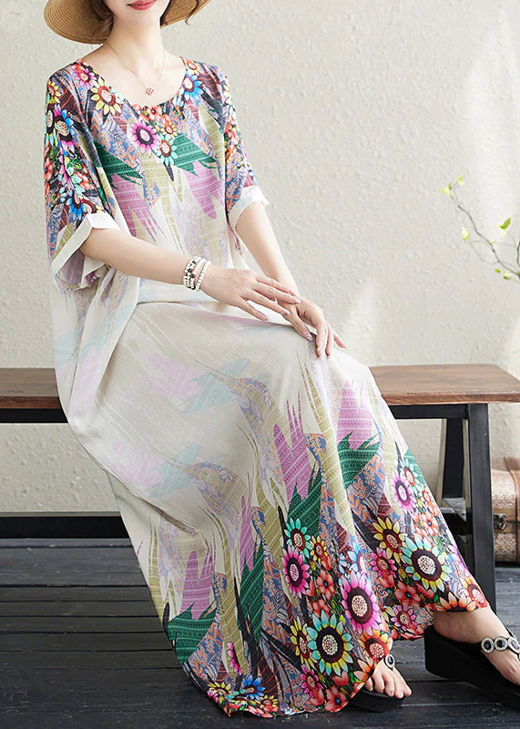 Fitted White Oversized Print Cotton Sundress Batwing Sleeve - Image 4