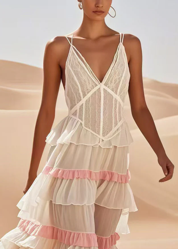Fitted White Ruffled Patchwork Cotton Spaghetti Strap Dress Summer - Image 2