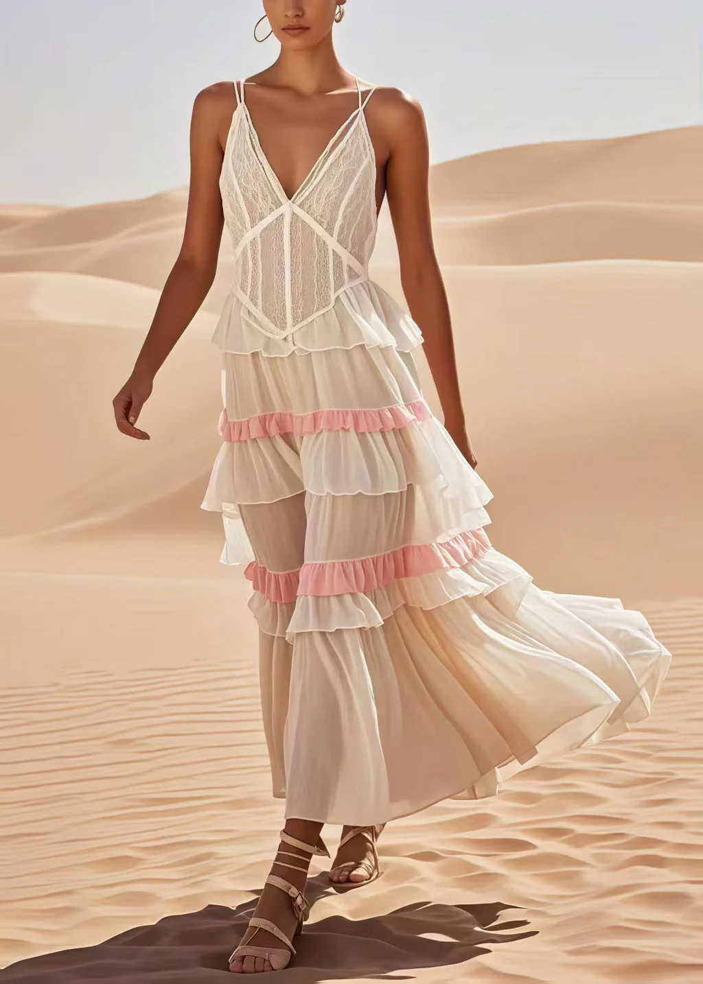 Fitted White Ruffled Patchwork Cotton Spaghetti Strap Dress Summer - Image 3