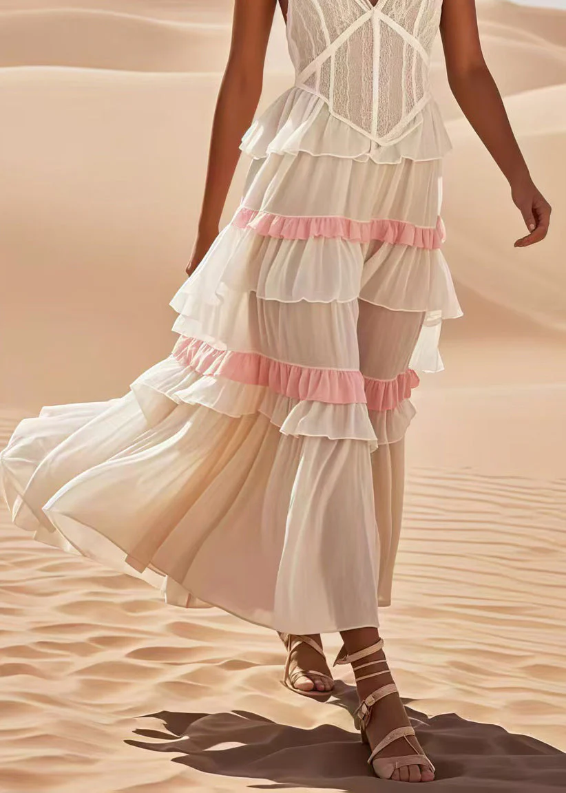 Fitted White Ruffled Patchwork Cotton Spaghetti Strap Dress Summer - Image 4