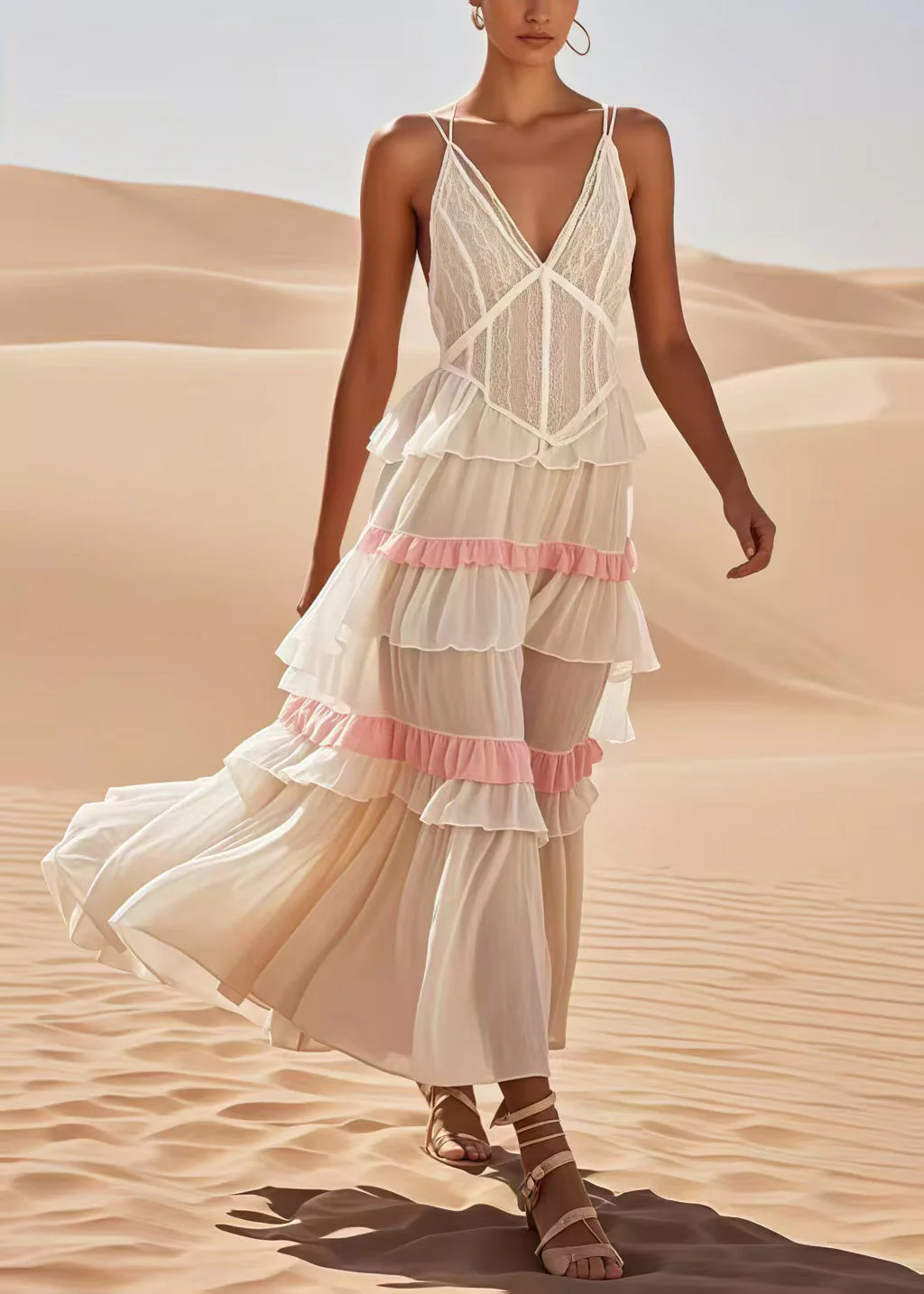 Fitted White Ruffled Patchwork Cotton Spaghetti Strap Dress Summer - Image 5