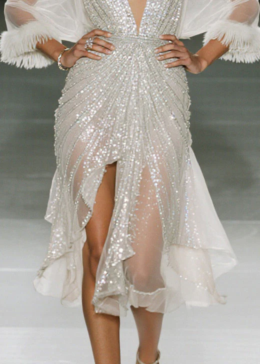 Fitted White Sequins Patchwork Faux Fur Sheer Dress Summer - Image 4