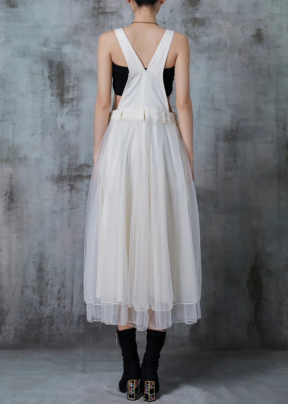 Fitted White Silm Fit Patchwork Organza Long Dress Fall - Image 4