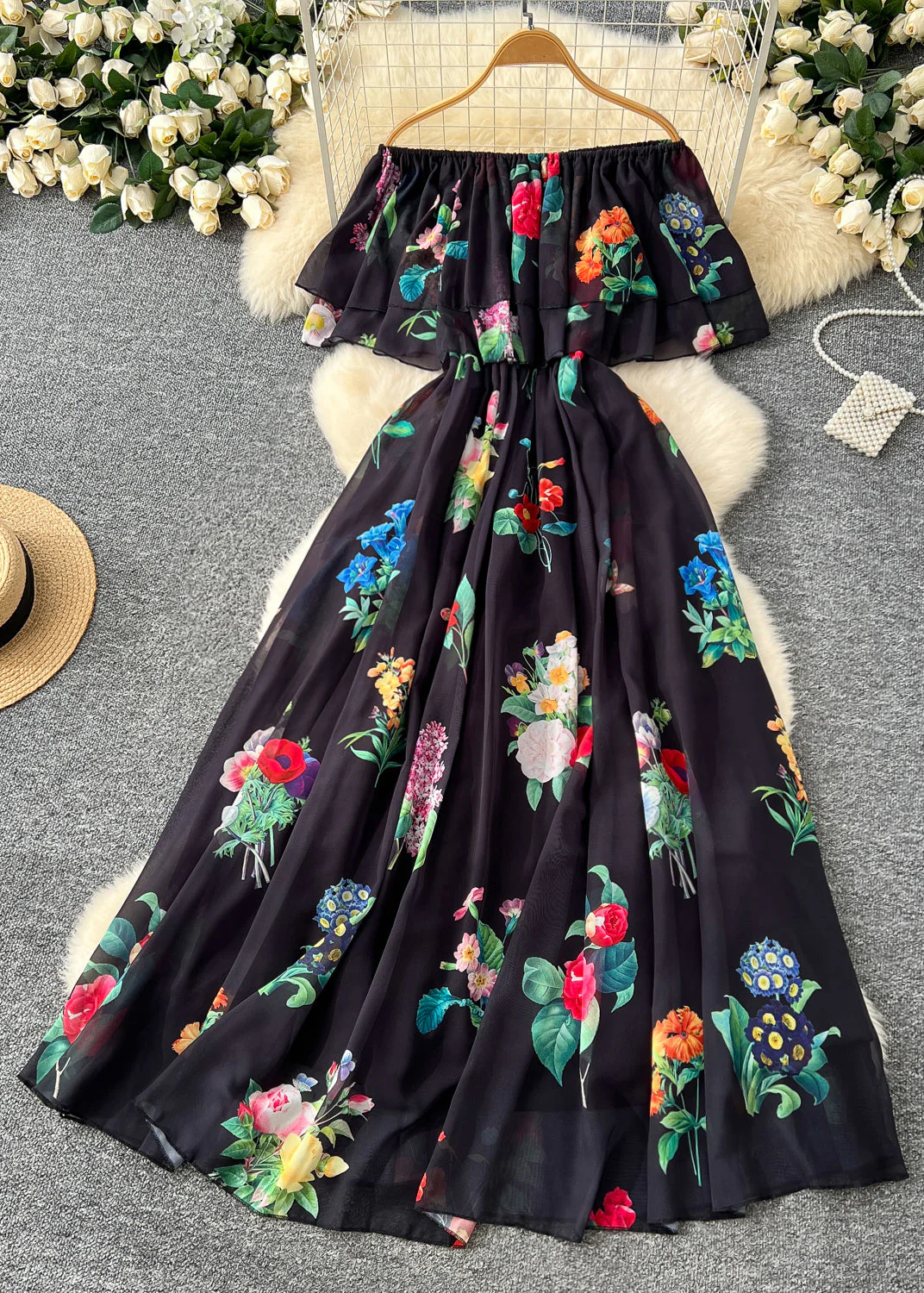 Fitted White Slash Neck Print Chiffon Long Dress Summer - Image 2