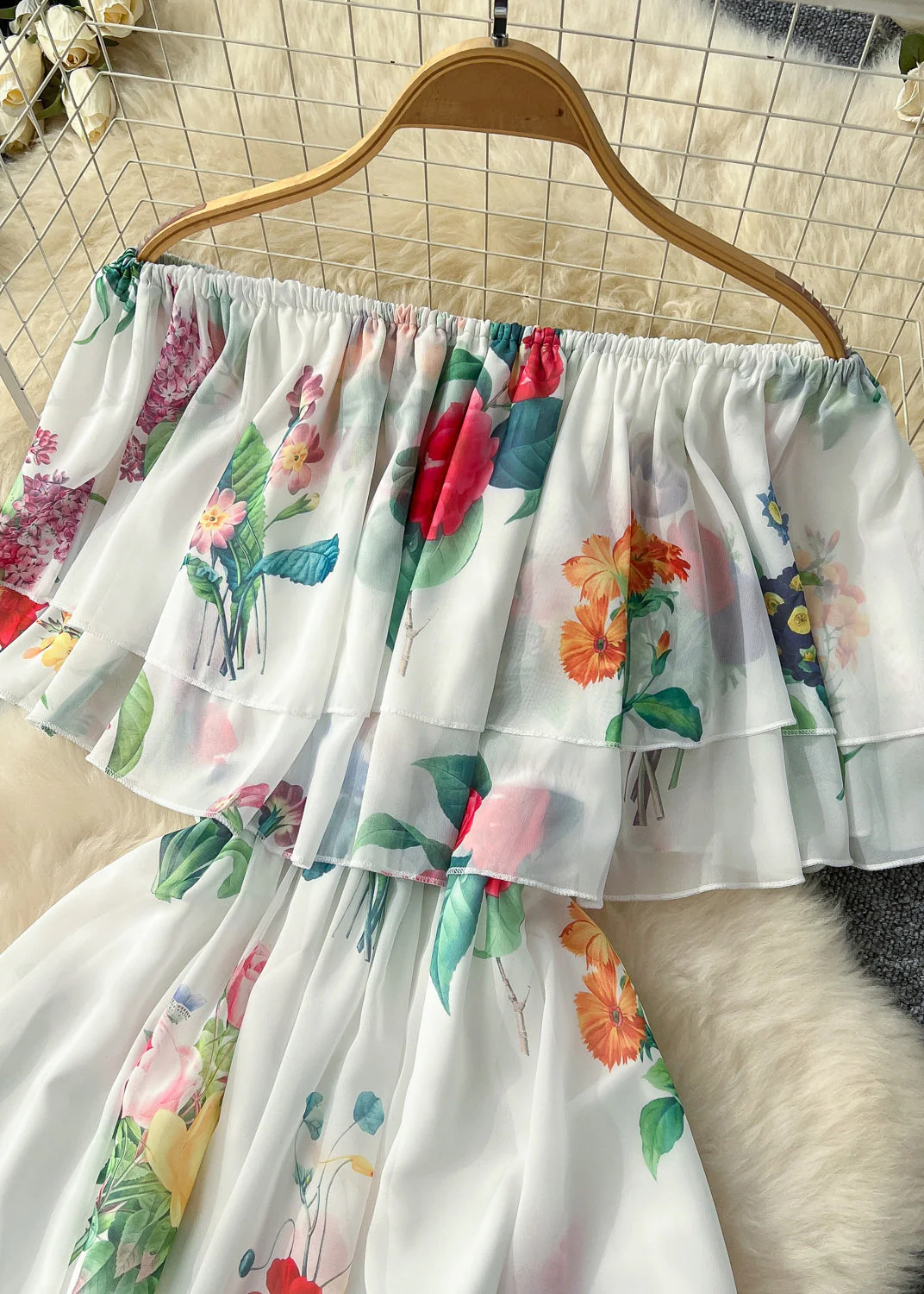 Fitted White Slash Neck Print Chiffon Long Dress Summer - Image 3