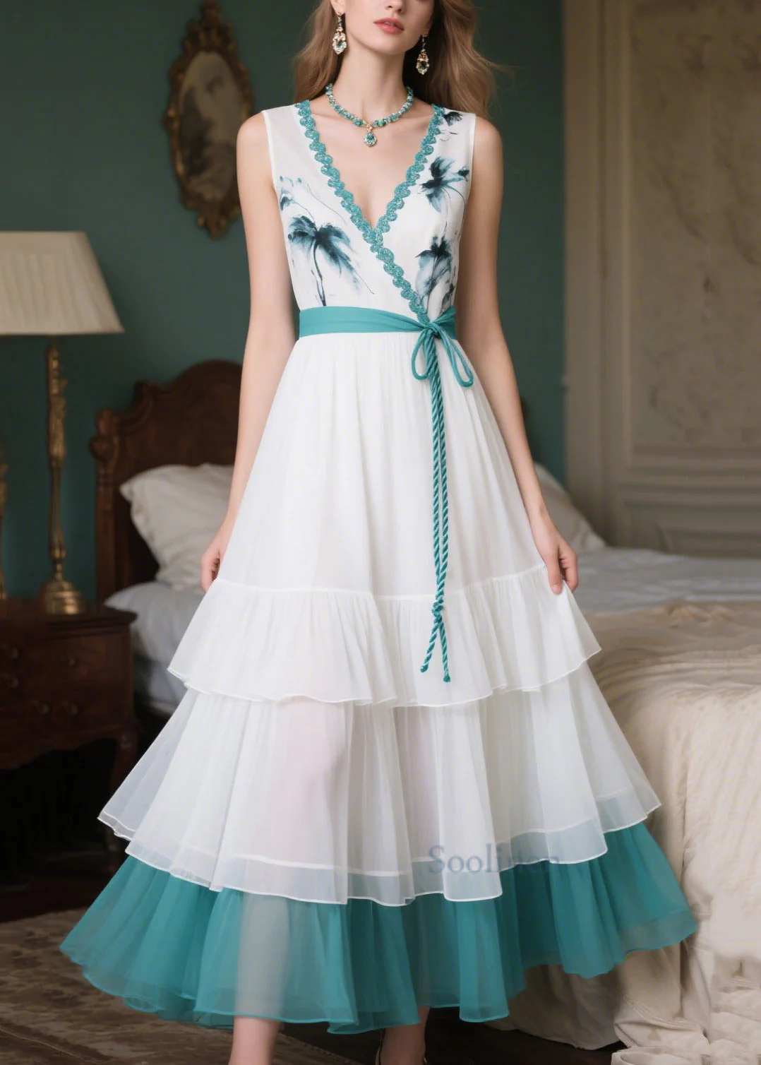 Fitted White Tie Waist Patchwork Chiffon Vacation Dresses Summer - Image 3