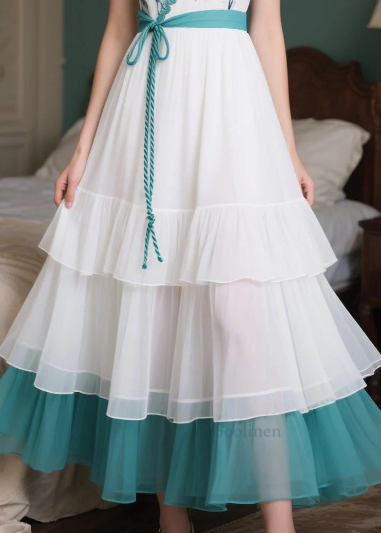 Fitted White Tie Waist Patchwork Chiffon Vacation Dresses Summer - Image 4