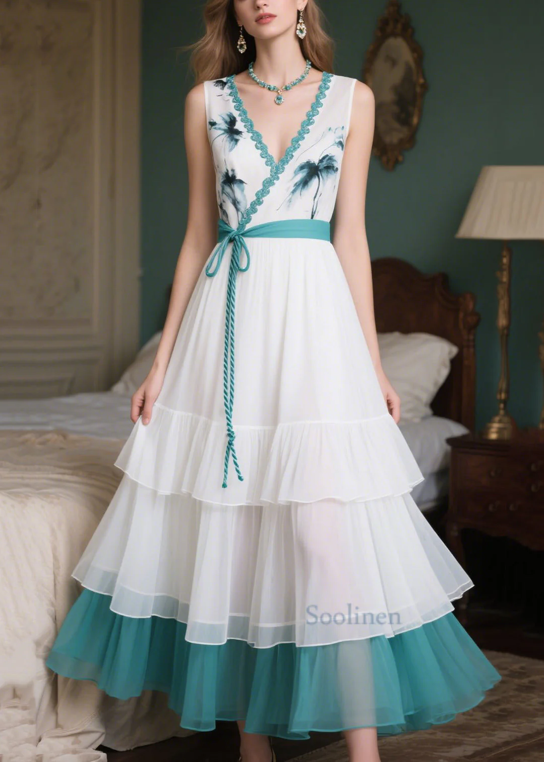 Fitted White Tie Waist Patchwork Chiffon Vacation Dresses Summer - Image 5