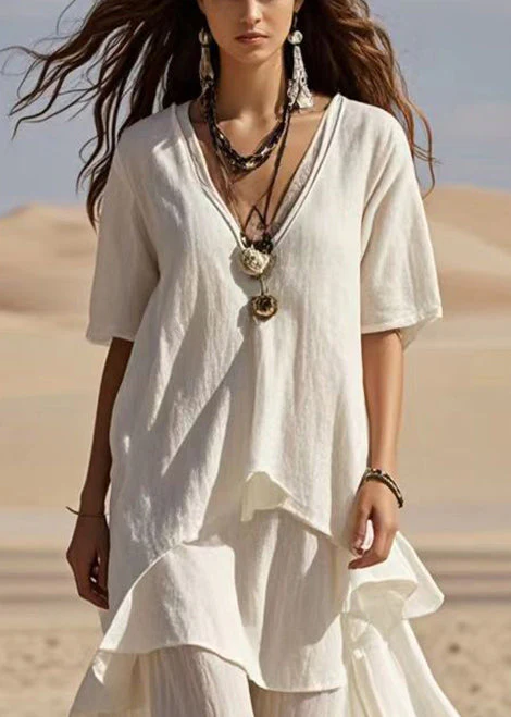 Fitted White V Neck Asymmetrical Design Cotton Ankle Dress Summer - Image 2