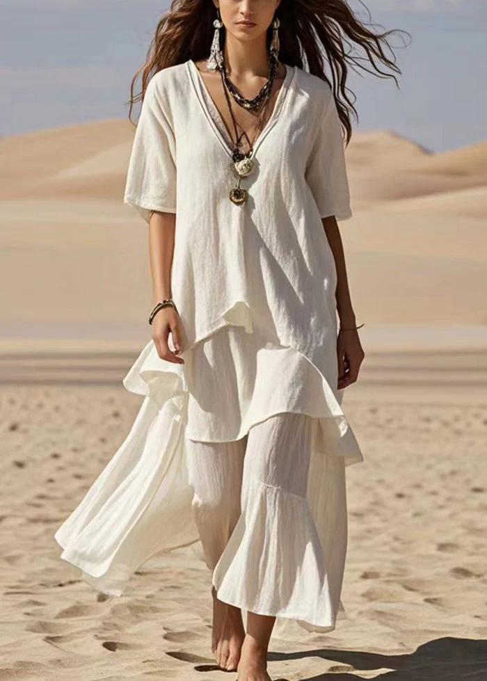 Fitted White V Neck Asymmetrical Design Cotton Ankle Dress Summer - Image 3