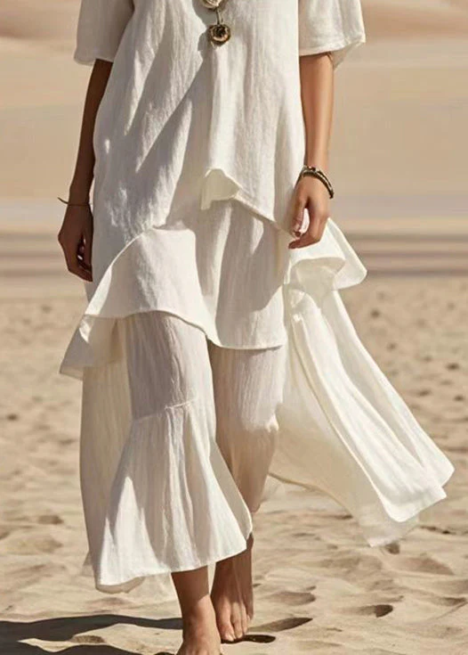 Fitted White V Neck Asymmetrical Design Cotton Ankle Dress Summer - Image 4