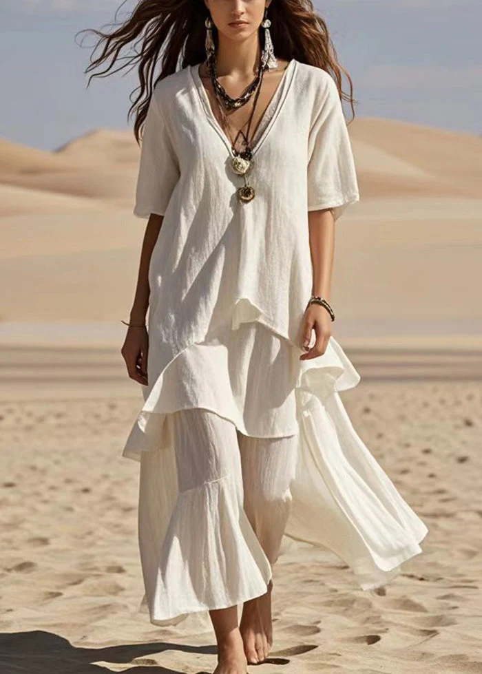 Fitted White V Neck Asymmetrical Design Cotton Ankle Dress Summer - Image 5