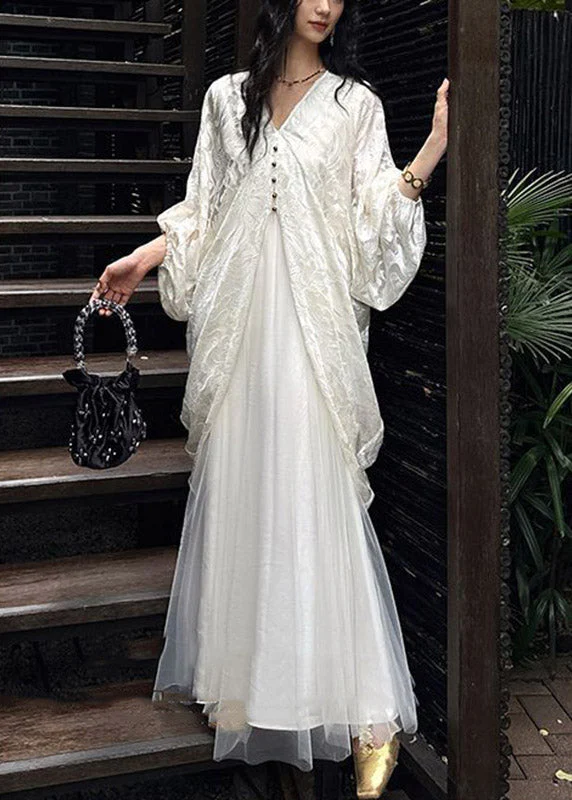 Fitted White V Neck Patchwork Long Dress Lantern Sleeve - Image 2