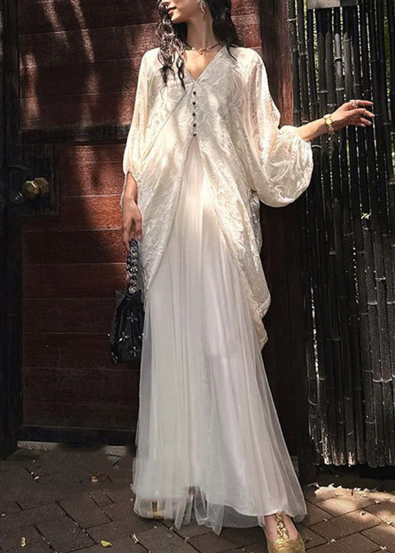 Fitted White V Neck Patchwork Long Dress Lantern Sleeve - Image 3
