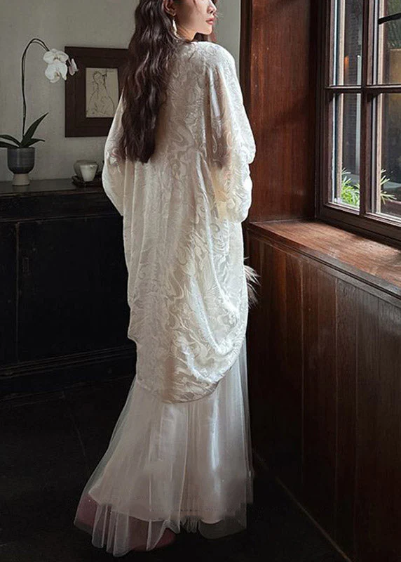 Fitted White V Neck Patchwork Long Dress Lantern Sleeve - Image 4