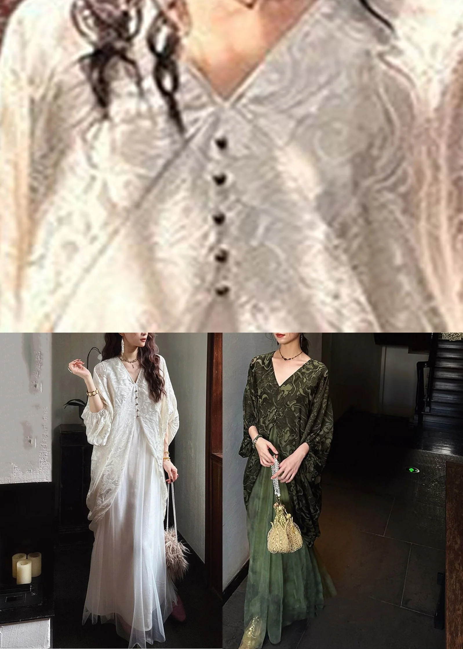 Fitted White V Neck Patchwork Long Dress Lantern Sleeve - Image 5