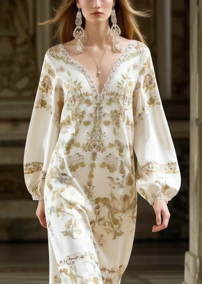 Fitted White V Neck Print Silk Ankle Dress Spring - Image 2