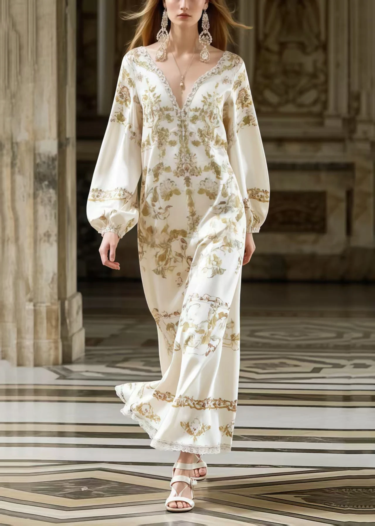 Fitted White V Neck Print Silk Ankle Dress Spring - Image 3