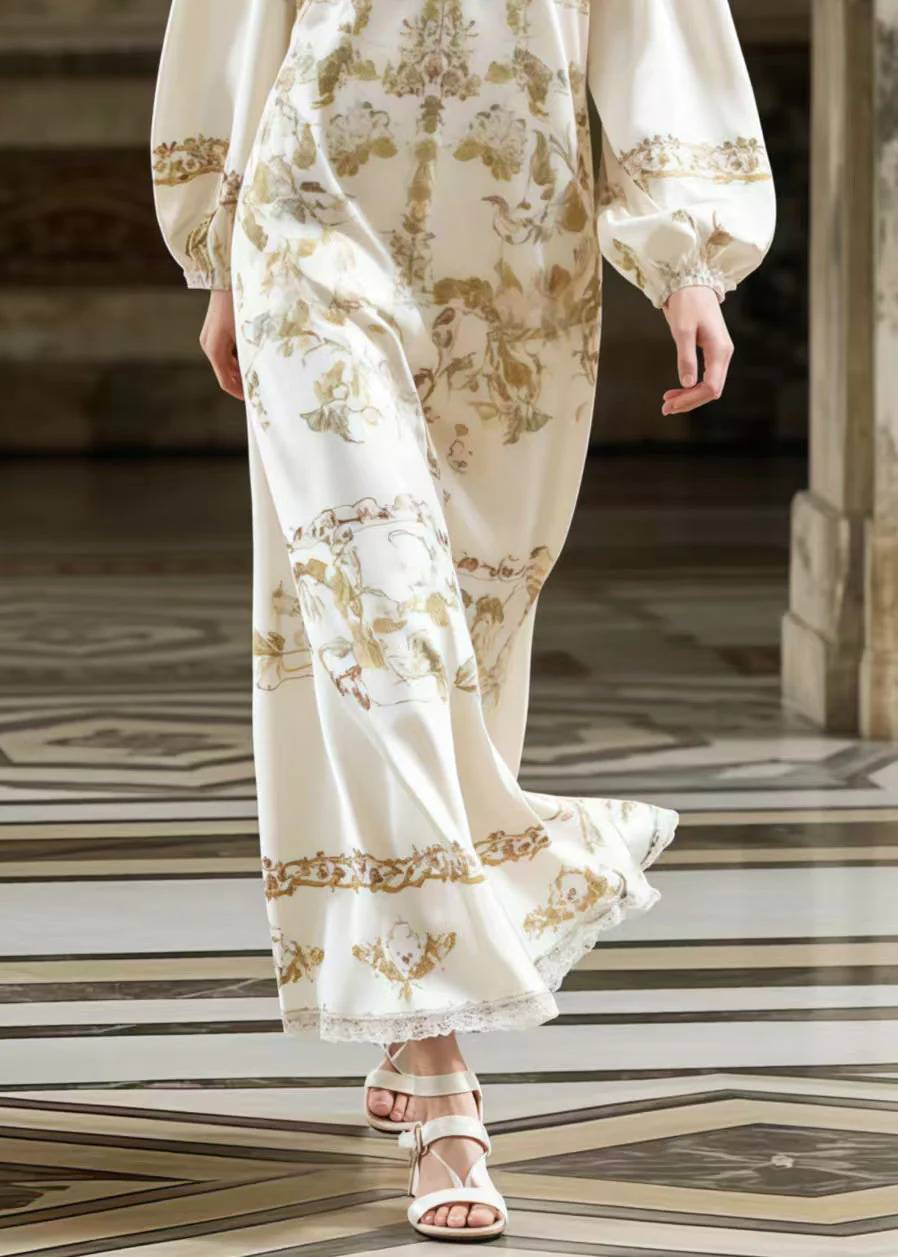 Fitted White V Neck Print Silk Ankle Dress Spring - Image 4