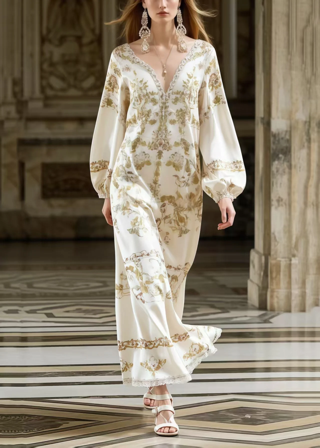 Fitted White V Neck Print Silk Ankle Dress Spring - Image 5