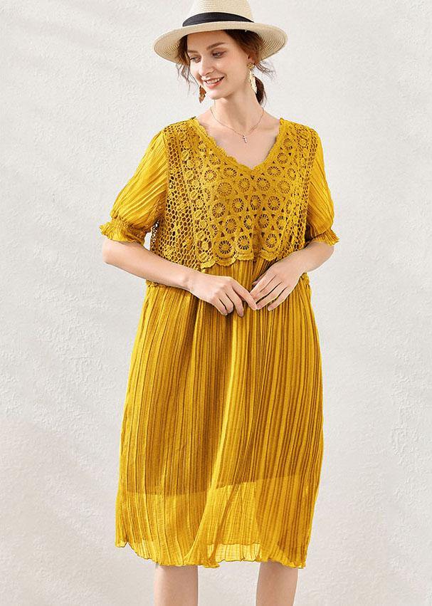 Fitted Yellow V Neck Hollow Out Spring Maxi Dress Short Sleeve - Image 2