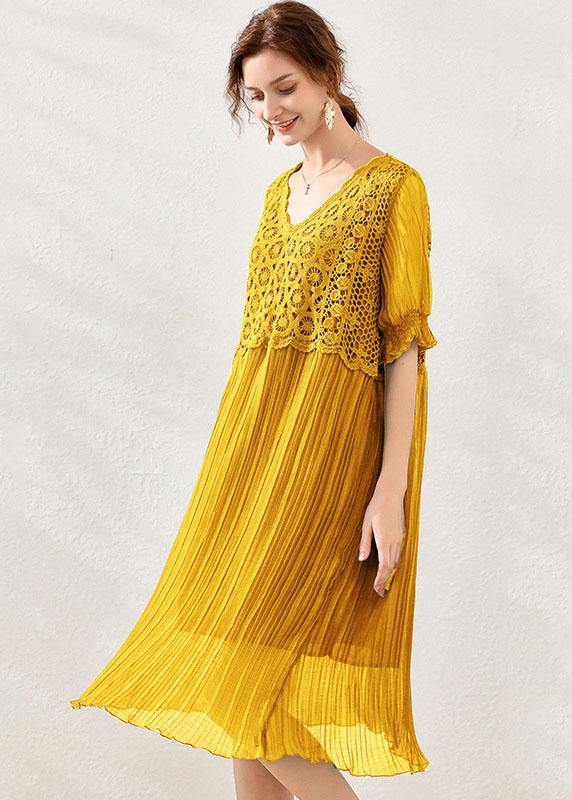 Fitted Yellow V Neck Hollow Out Spring Maxi Dress Short Sleeve - Image 3