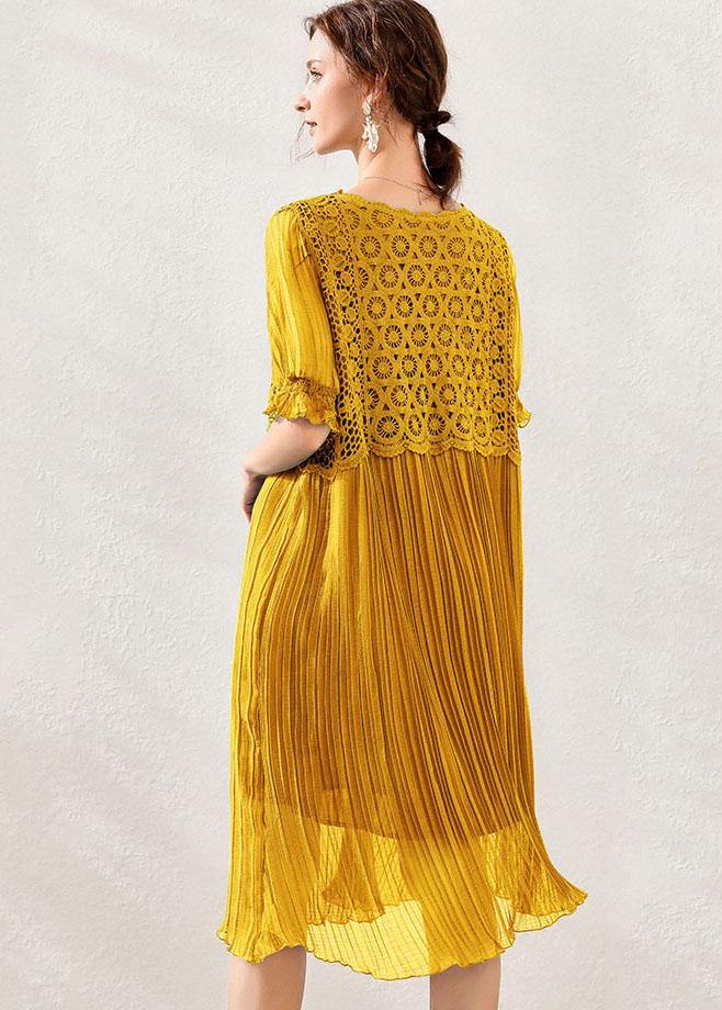 Fitted Yellow V Neck Hollow Out Spring Maxi Dress Short Sleeve - Image 4