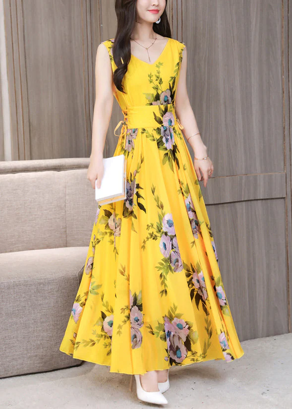 Fitted Yellow V Neck Print Chiffon Long Dress Summer - Image 3