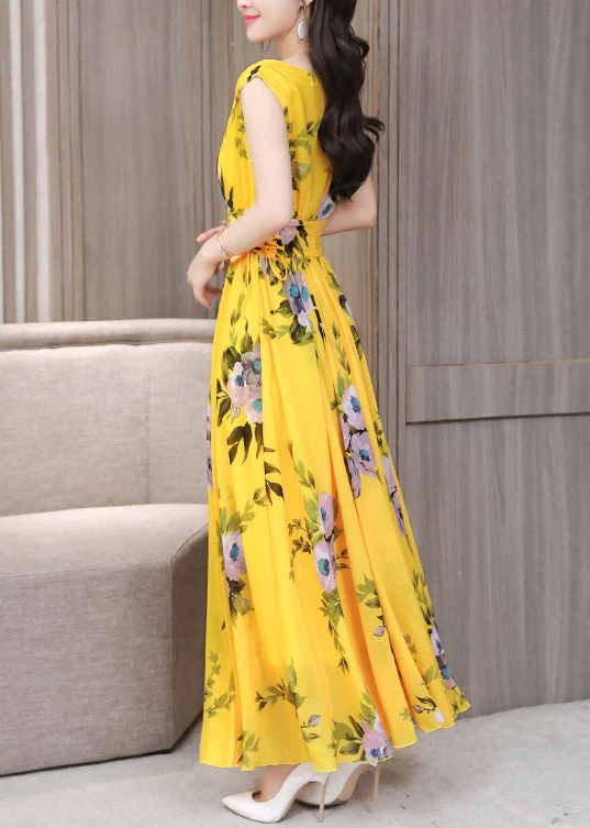 Fitted Yellow V Neck Print Chiffon Long Dress Summer - Image 4