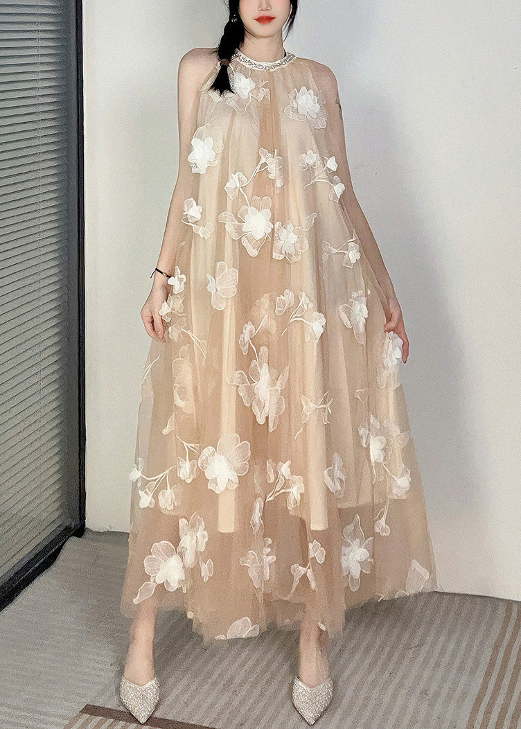 Floral Apricot O-Neck Cold Shoulder Tulle Dress Sleeveless - Image 2