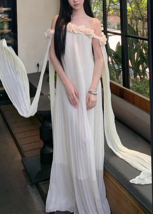 Floral Beige Slash Neck Solid Chiffon Maxi Dresses Summer - Image 2