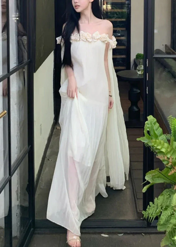 Floral Beige Slash Neck Solid Chiffon Maxi Dresses Summer - Image 3